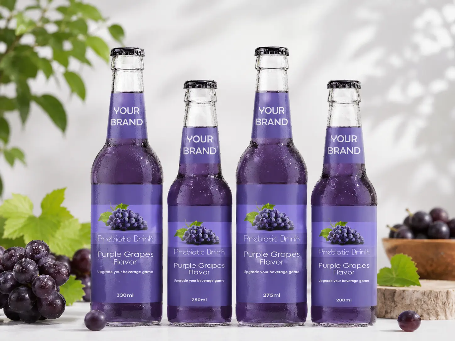PREBIOTIC DRINK Purple Grapes Flavor 330ml, 250ml, 275ml and 200ml glass bottles.